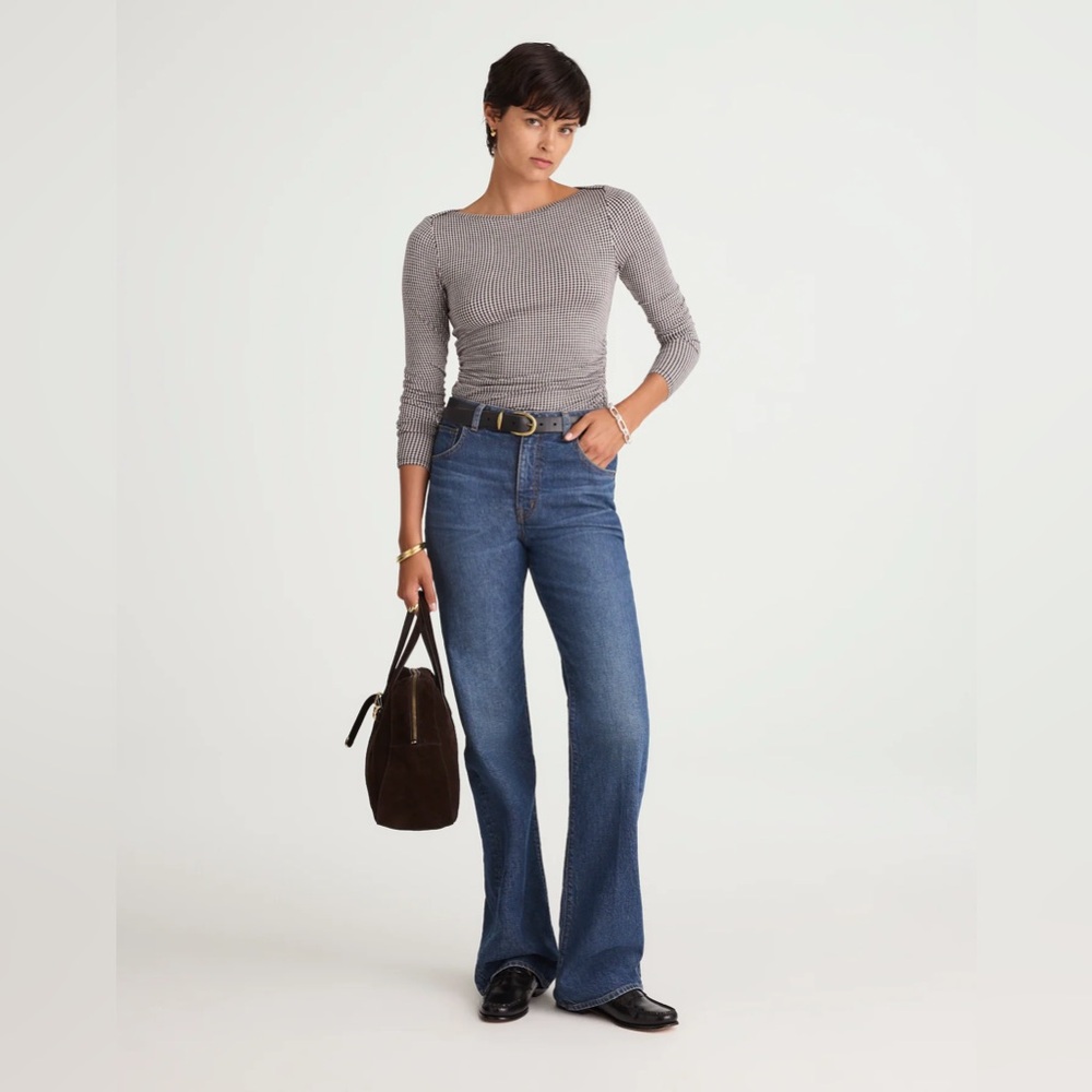 NWT Madewell Women's Ruched Crewneck Long-Sleeve Black and White Houndstooth Top - Picture 2 of 13